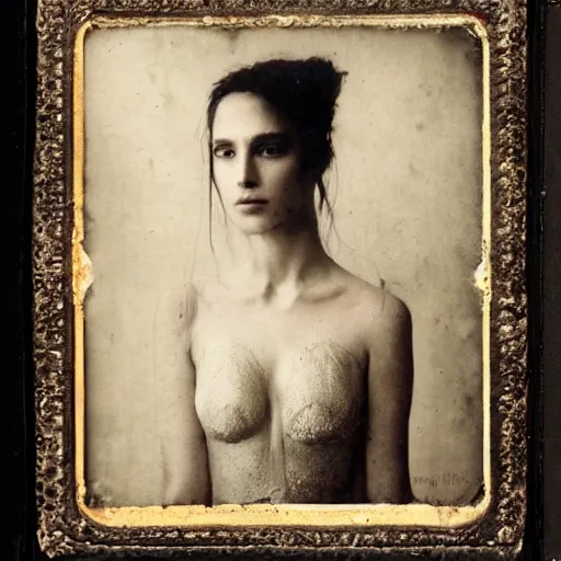 Image similar to old full frame wetplate daguerreotype portrait of a beautiful woman, 3 0 years old, fractal, intricate, elegant, highly detailed, parallax, leica, subsurface scattering, by luis royo and greg rutkowski