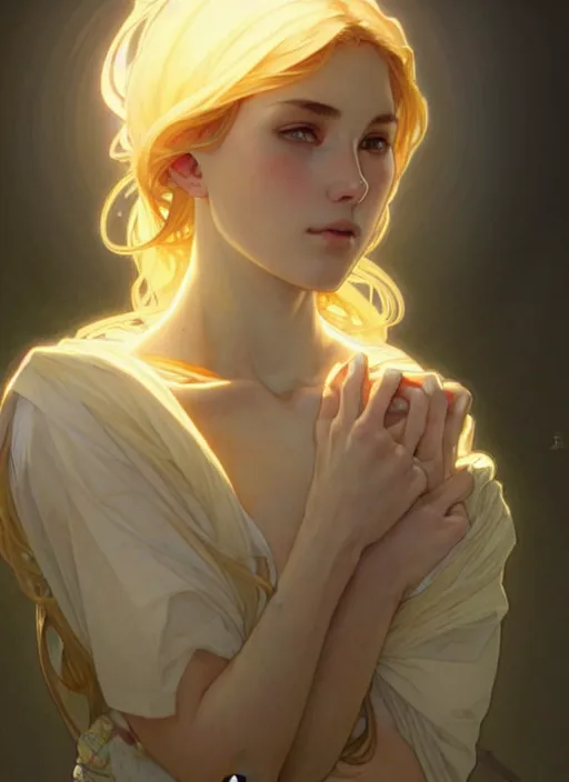 Image similar to digital character concept art by artgerm and greg rutkowski and alphonse mucha. clear portrait of a shy modern wife blessed by god to grow immaculately fertile and perfect!! blonde, in clothes! holy body! light effect. hyper detailed, glowing lights!! intricate, elegant, digital painting, artstation, smooth, sharp focus