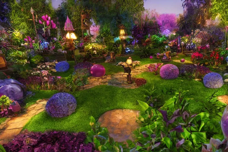 Image similar to a magical fantasy garden. cinematic lighting. photorealism.