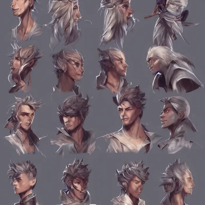 Prompt: concept art of young male wizard d & d video game characters head designs, unique hair designs, by marc brunet and artgerm