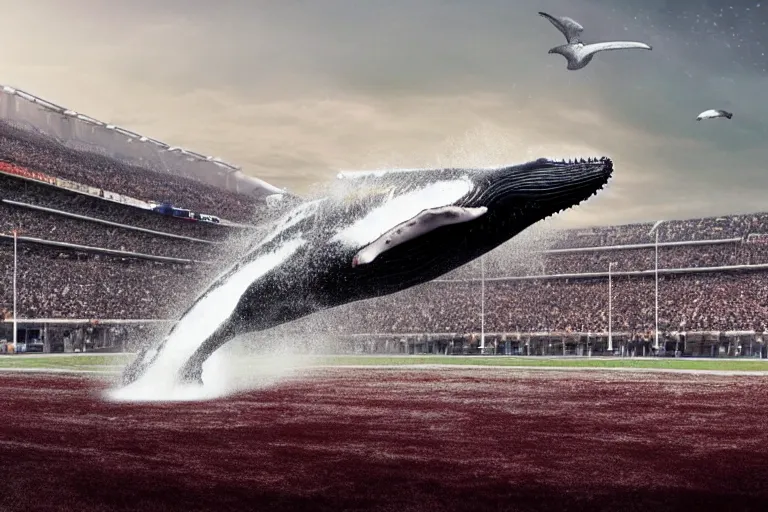 Image similar to a humpback whale flying in the air over an nfl football stadium ultra detailed realistic photograph cinematic lighting