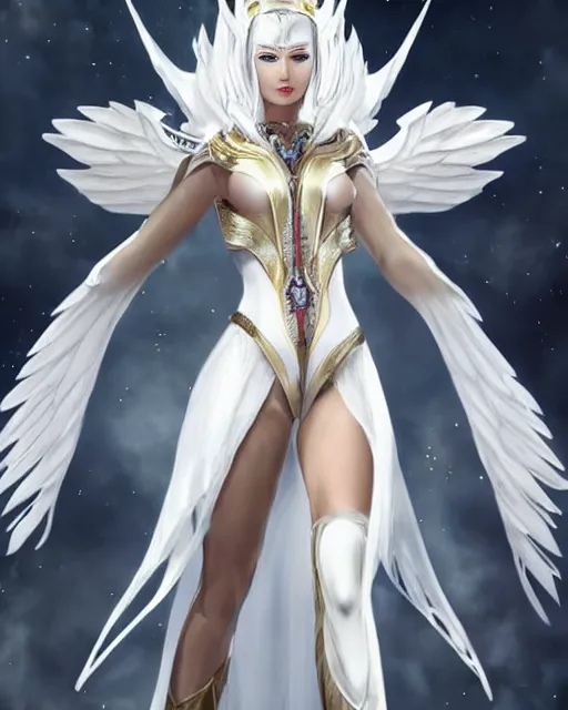 Image similar to perfect white haired egyptian goddess wearing white dove wings, warframe armor, regal, attractive, ornate, sultry, beautiful, dreamy, half asian, pretty face, blue eyes, detailed, scifi platform, 4 k, ultra realistic, epic lighting, android body, illuminated, cinematic, masterpiece, art by akihito tsukushi, voidstar, artgerm