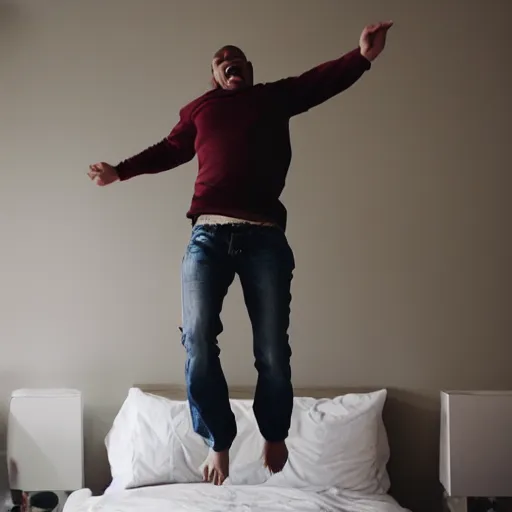 Image similar to a man jumping on the bed and breaking it