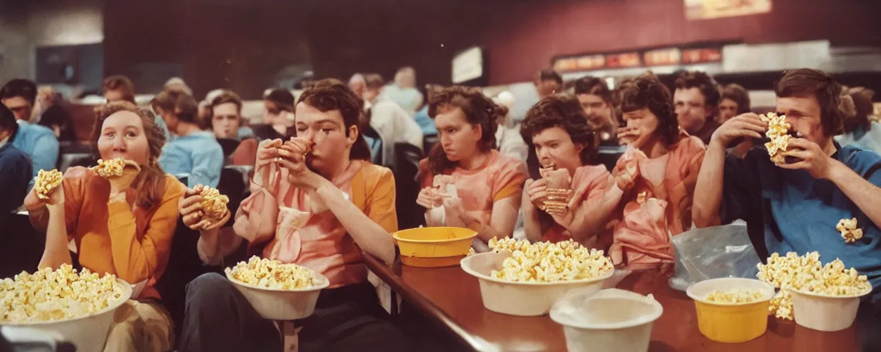 Image similar to people at the movies eating spaghetti out of a popcorn container, kodachrome, in the style of wes anderson, retro