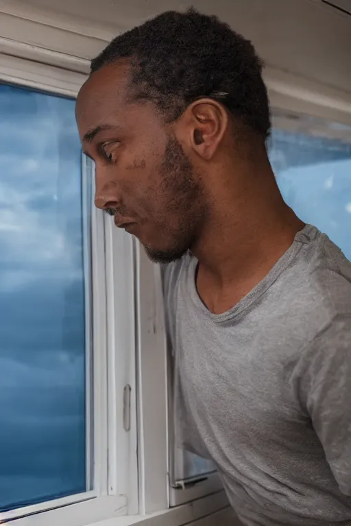 Image similar to a black man looking up from a window in a ship