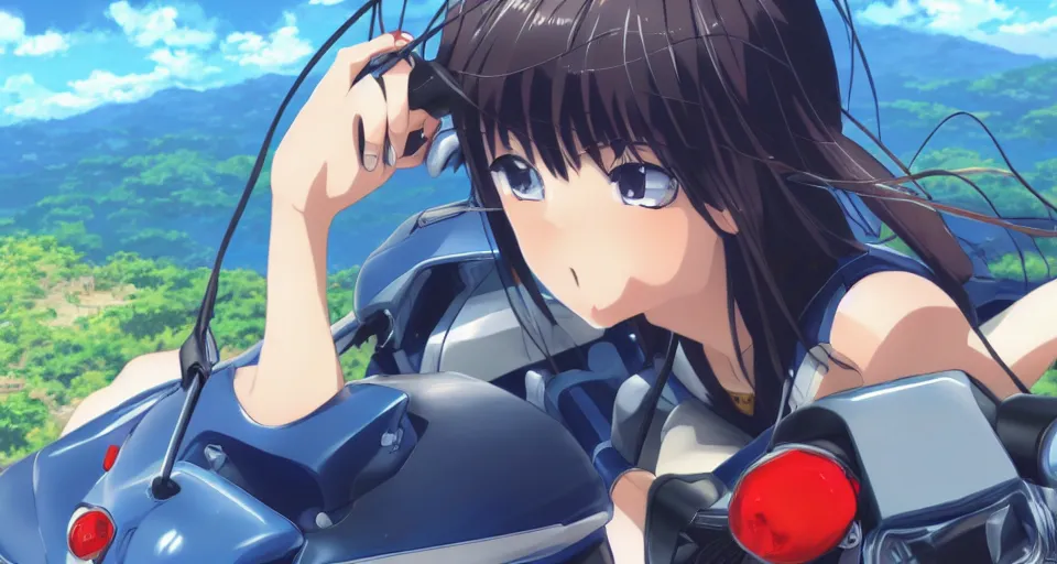 Image similar to close up of a high definition anime girl in a blue honda c90 with armenia quindio in the background , Artwork by Makoto Shinkai, pixiv, 8k, official media, wallpaper, hd