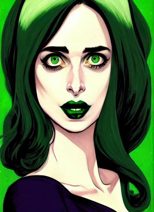 Prompt: Female beautiful witch Krysten Ritter, style of Joshua Middleton comic book art Nick Dragotta comic art, black and green eyes, symmetrical face, symmetrical eyes, scary smile, full body, dark green dress, no long neck, full body