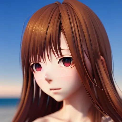 Image similar to ichinose honami, Render of a very beautiful 3d anime girl, long hair, hazel eyes, cute freckles, full round face, short smile, cute sundress, golden hour, serene beach setting, medium shot, mid-shot, highly detailed, trending on Artstation, Unreal Engine 4k