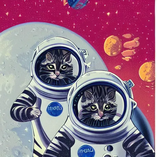 Image similar to pulp illustration of kittens in space suits on the moon