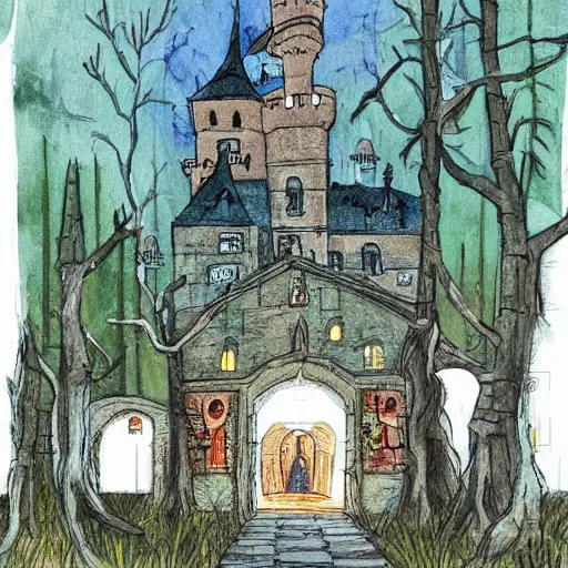 Prompt: the hall in the castle decorated for halloween hayao miyazaki in a small clearing among trees, watercolor illustration for a book