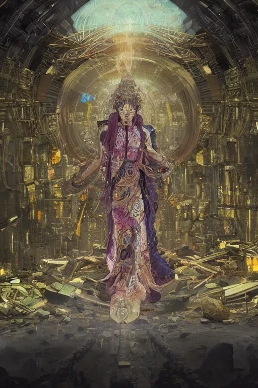 Prompt: a epic sakyamuni, the founder of buddhism in cyberpunk style temple, struggling in a ruined city full of organic fractal mycelum and fung, super complex and instruct, epic stunning atmosphere, hi - tech synthetic rna bioweapon nanotech, art by anthony macbain + greg rutkowski + alphonse mucha, concept art, 4 k, sharp focus