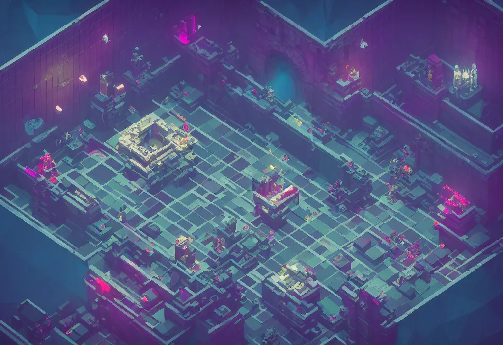 Image similar to isometric magicavoxel bloodborne no mans sky large room, vaporwave, cinematic lighting, 4 k