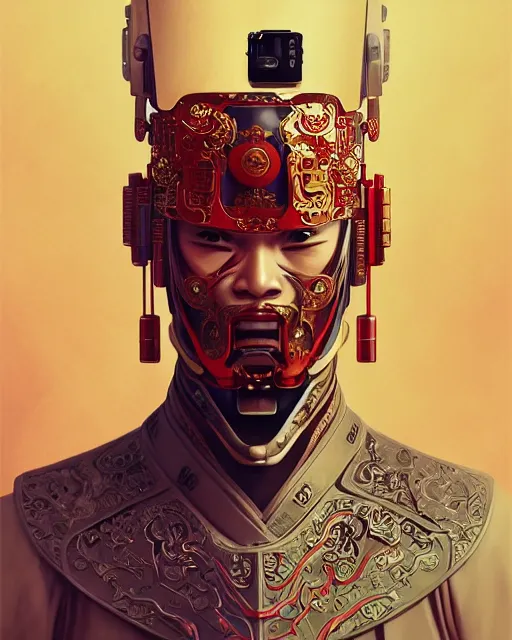 Image similar to portrait of a chinese masculine male cyberpunk machine, machine face, upper half portrait, decorated with chinese opera motifs, muscular, asian, fine china, wuxia, traditional chinese art intricate intense elegant 京 剧 highly detailed digital painting artstation concept art smooth sharp focus illustration, art by artgerm and greg rutkowski alphonse mucha 8 k