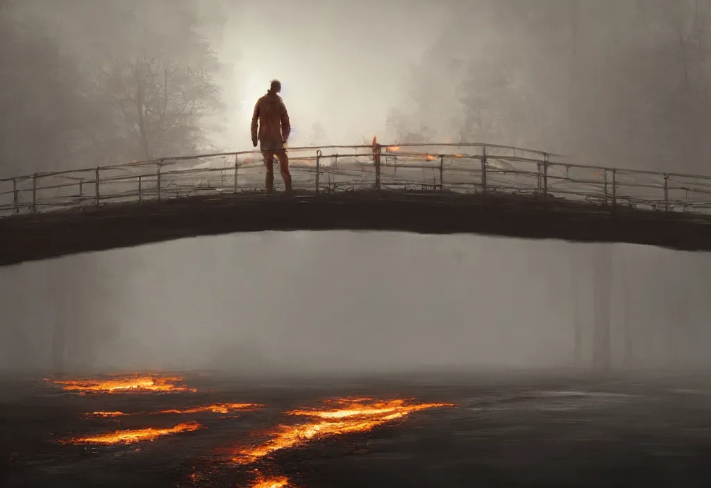 Prompt: a man standing on a burning bridge, artstation, jakub rozalski, high detail, dramatic lighting, night, fog