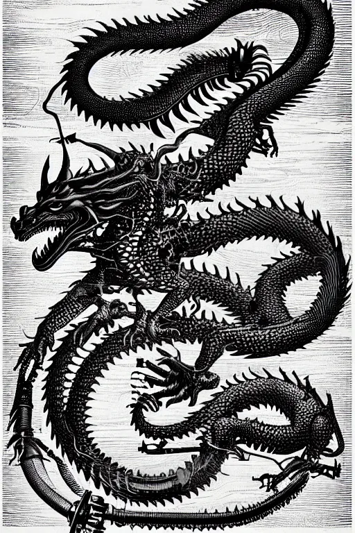 Image similar to hyper realistic dragon with steam punk tanks and tubes and breathing apparatus on its back, white background, full frame, art by james o barr and albrecht durer, surreal woodblock print, black and white, vector, vector art