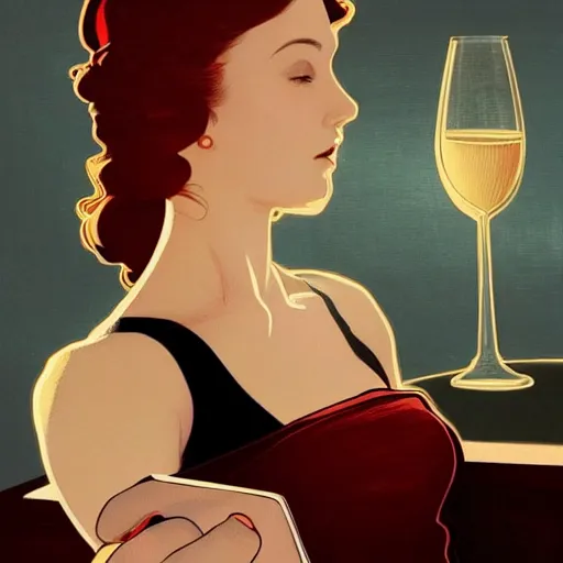 Prompt: Close-up portrait of A female wine enthusiast, writing in journal, red wine in glass, Joshua Middleton artwork, dramatic backlighting, golden hour, autochrome, high contrast, highly detailed, sharp focus, digital painting, concept art, illustration, cyberpunk, solarpunk, trending on artstation, art by Phil Noto and Alex Toth, composition by alphonse mucha