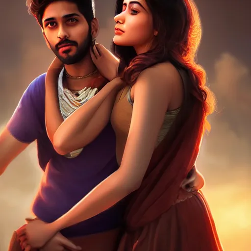 Image similar to theatrical press release ; indian young male and female couple sharing one heart ; stunning digital artwork by artgerm ; cinematic movie pose ; photorealistic, hyperrealistic, dramatic soft rim light ; highly detailed ; face by wlop ; trending on artstation ; cinematography from music video