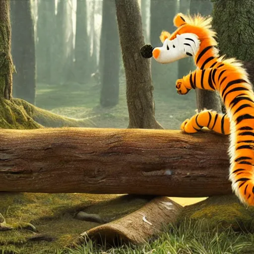 Prompt: hyperrealistic cgi render of calvin and hobbes walking across a log, extreme detail