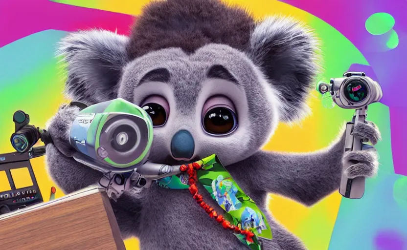 Image similar to “ one cute koala with very big eyes, wearing a bandana and chain, holding a laser gun, standing on a desk, digital art, award winning, in the style of the movie zootopia ”