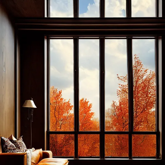 Prompt: fantastical living room with chicago landscape in the window by marc adamus, beautiful dramatic lighting, overgrown with funghi, autumn season, coat rack with coat hanging off, style by peter deligdisch, peterdraws