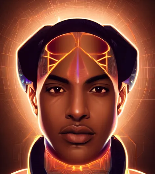 Image similar to symmetry!! egyptian prince of technology, solid cube of light, hard edges, product render retro - futuristic poster scifi, lasers and neon circuits, brown skin man egyptian prince, intricate, elegant, highly detailed, digital painting, artstation, concept art, smooth, sharp focus, illustration, dreamlike, art by artgerm