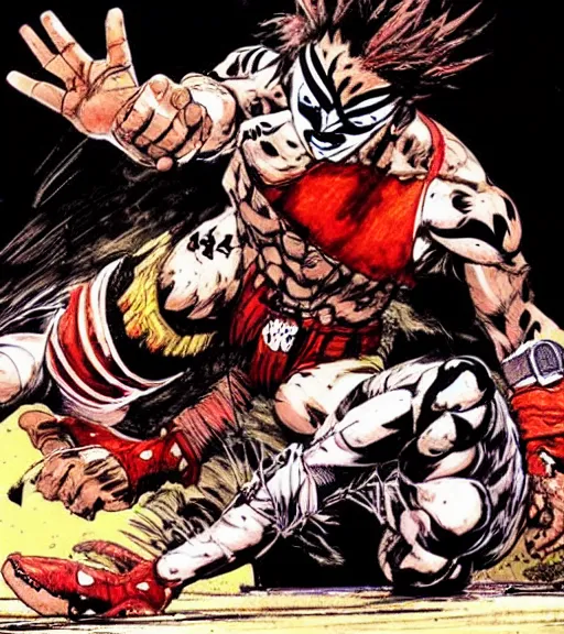 Prompt: a scene of a mexican wrestler suplexing a coyote into the mat, comic book art, by yoji shinkawa and takehiko inoue and kim jung gi, masterpiece, perfect