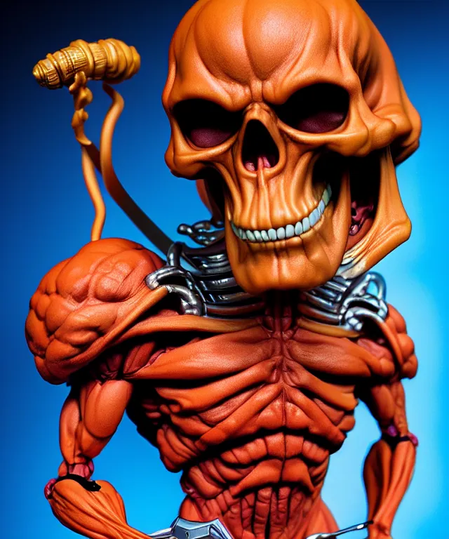 Image similar to hyperrealistic rendering, skeletor, by art of skinner and richard corben and jeff easley, product photography, action figure, sofubi, studio lighting, colored gels