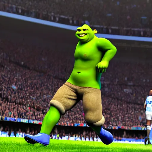 Prompt: shrek!! scoring a goal for manchester city, hd render,