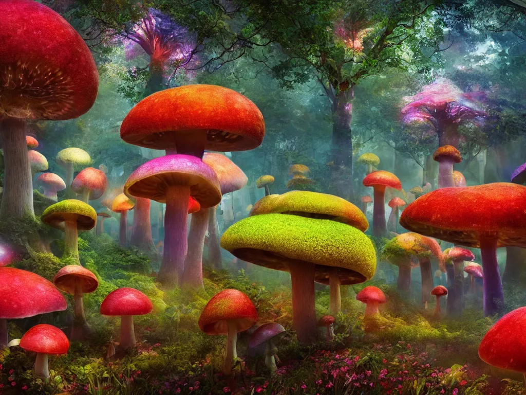 Prompt: a beautiful otherworldly fantasy landscape of giant luminous mushroom trees forming canopies over bright colorful mythical sprouted floral plants and colorful foliage on the ground, like alice in wonderland, extreme detail, rendering, cryengine, deep color, vray render, cinema 4 d, cgsociety, bioluminescent