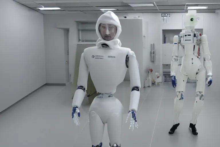 Image similar to man wearing hazmat suit in cleanroom large 3D printing humanoid plastic robot. by Roger Deakins