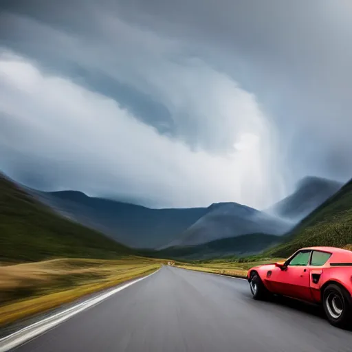 Image similar to pontiac firebird trans - am driving towards the camera, norway mountains, cinematic, volumetric lighting, foggy, wide shot, low angle, huge mountains, large lightning storm, thunder storm, tornado