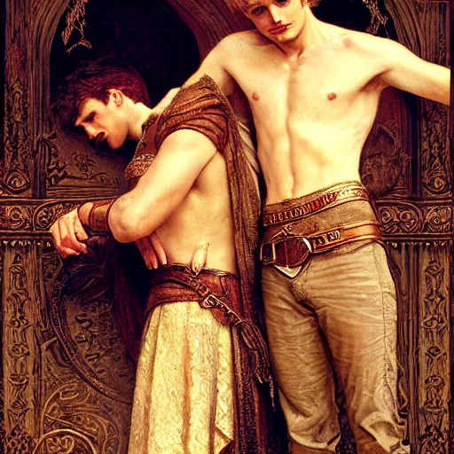 Prompt: attractive arthur pendragon ( bradley james ) with attractive male merlin ( colin morgan ). they are in love. highly detailed painting by gaston bussiere, craig mullins, j. c. leyendecker