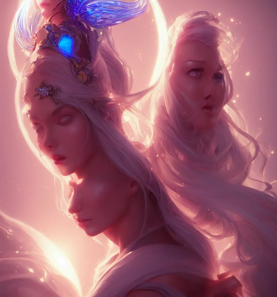 Image similar to beautiful princess in robe. bio luminescent halo around head. artwork by jarold Sng by artgerm, by Eddie Mendoza, by Peter mohrbacher by tooth wu, unreal engine, octane render, cinematic light, high details, iridescent colors, dichroic, macro