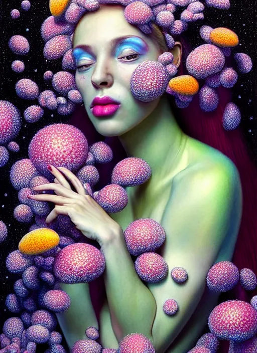 Image similar to hyper detailed 3d render like a chiariscuro Oil painting - Aurora (Singer) looking adorable and seen in dynamic pose joyfully Eating of the Strangling network of yellowcake aerochrome and milky Fruit and Her delicate Hands hold of gossamer polyp blossoms bring iridescent fungal flowers whose spores black the foolish stars to her smirking mouth by Jacek Yerka, Mariusz Lewandowski, Houdini algorithmic generative render, Abstract brush strokes, Masterpiece, Edward Hopper and James Gilleard, Zdzislaw Beksinski, Mark Ryden, Wolfgang Lettl, hints of Yayoi Kasuma, octane render, 8k