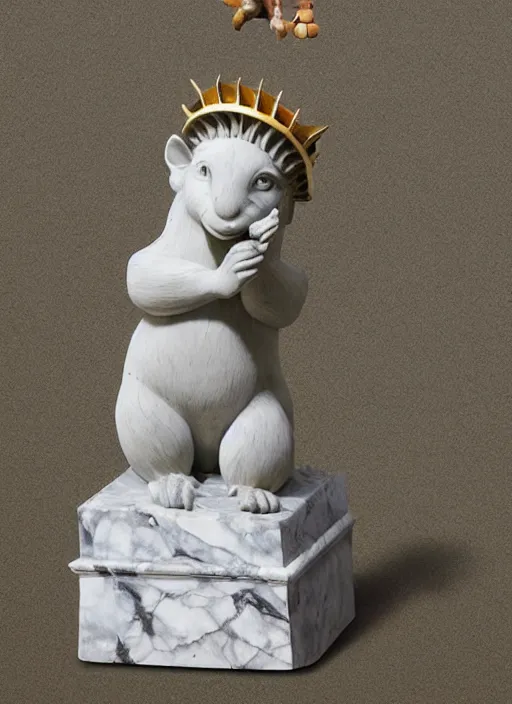 Image similar to A marble statue of a squirrel holding an acorn in the style of Statue of Liberty. museum photo