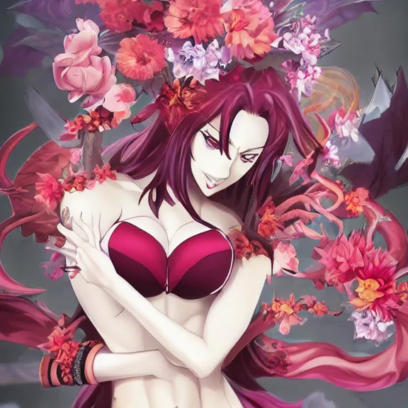 Image similar to christina rene hendricks as a highschool dxd demon character, body covered in floral tattoos, d & d, fantasy, highly detailed, digital art, trending on artstation, smooth, sharp focus, illustration, art by peter tang and artgem