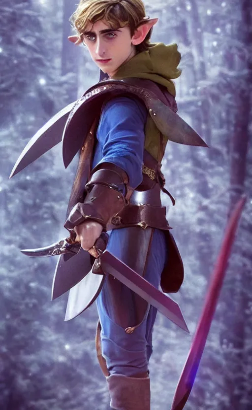 Prompt: epic cinemati shot of Timothee Chalamet starring as Link from Legend of Zelda, 8k movie scene, elf ears, long blonde hair, +++ super super super dynamic posing, super serious facial expression, holding a sword & shield, ocarina of time movie, concept photos, dynamic lighting, dynamic shaders, night time, in the forest, fairy light above