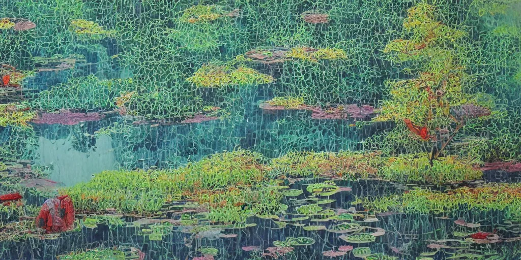 Image similar to pond landscape, by feifei ruan, intricate, sharp focus, detailed, serenity, lively colors