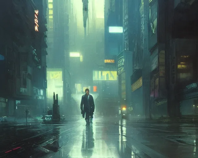 Image similar to 2 0 1 8 blade runner movie smooth face clint eastwood in his youth look at the cityscape from roof perfect face fine realistic face pretty face reflective polymer suit tight neon puffy jacket blue futuristic sci - fi elegant by denis villeneuve tom anders zorn hans dragan bibin thoma greg rutkowski ismail inceoglu illustrated sand storm alphonse mucha