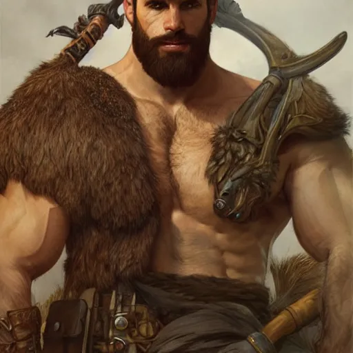 Image similar to portrait of a gruff ranger, muscular, upper body, hairy body, D&D, fantasy, intricate, elegant, highly detailed, digital painting, artstation, concept art, matte, sharp focus, illustration, art by Artgerm and Greg Rutkowski and Alphonse Mucha