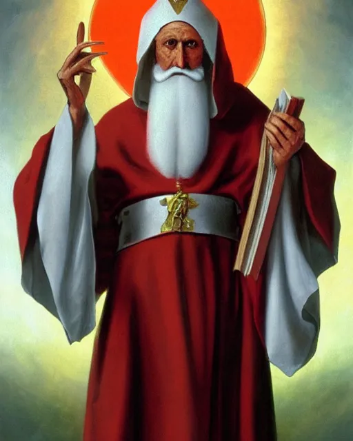 Image similar to portrait of ful length saint nicholas, showing him with a halo, dressed in clerical garb, and holding a book of the scriptures in his left hand while making the hand gesture for the sign of the cross with his right, by peter andrew jones!!!!, hd, hyper detailed, 4 k