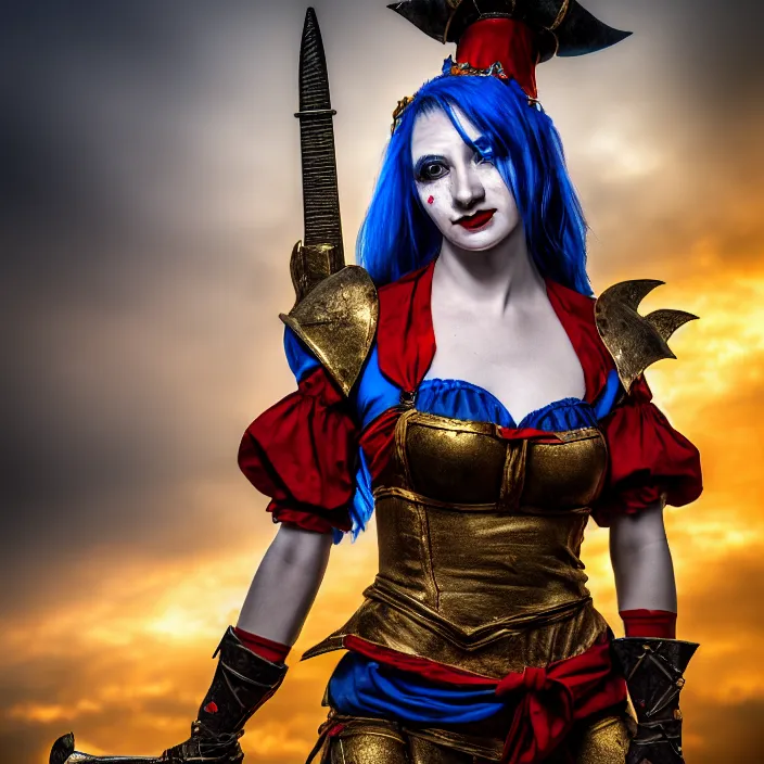 Prompt: full length photo of a real - life beautiful female jester warrior, 8 k, hdr, smooth, sharp focus, high resolution, award - winning photo