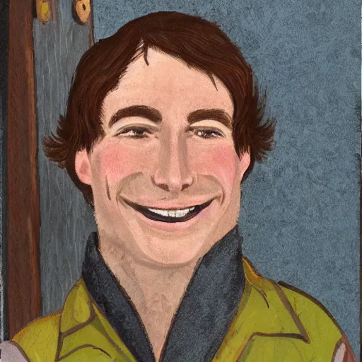 Prompt: A smiling middle-aged farmhand with tousled brown hair, fantasy character portrait