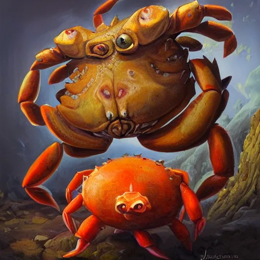 Image similar to crab - pig creature, oil painting by justin gerard