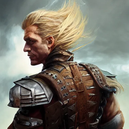 Image similar to rear side portrait of a muscular, ponytail haired blonde man with a armored left arm, wearing a thick brown leather coat, looking to his left, DnD, fantasy, dramatic lighting, digital art by Ruan Jia