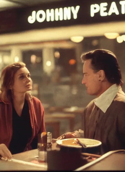 Image similar to a close - up, color cinema film still of a johnny cash talking to a beautiful waitress at hooters, ambient lighting at night.