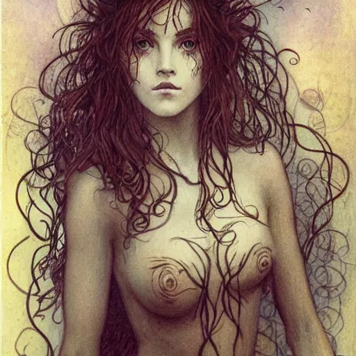 Prompt: Hermione in tattoos Extreamly beautiful Eyes Hypnotic Eyes Emotional Eyes by luis royo and Annie Swynnerton and Nicholas Roerich and jean delville glowing paper lanterns strong dramat