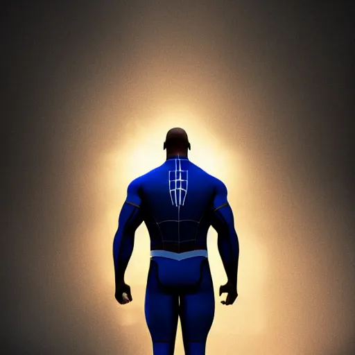 Prompt: dwayne johnson as a black and blue suit spider - man, cinematic, volumetric lighting, f 8 aperture, cinematic eastman 5 3 8 4 film, photorealistic