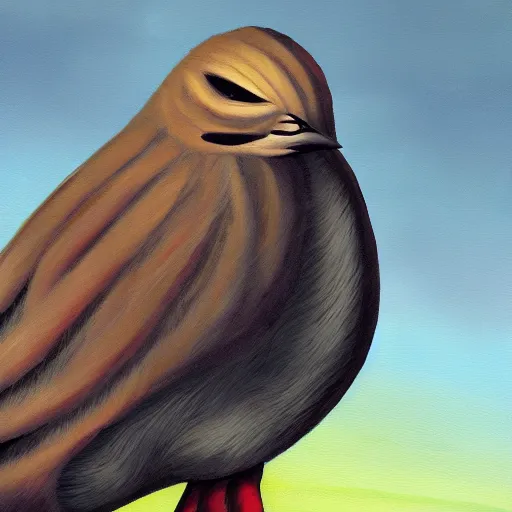 Image similar to painting of an exhausted anthropomorphic bird, furaffinity