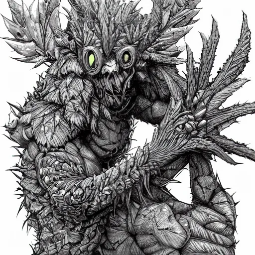 Image similar to A humanoid plant monster, highly detailed, digital art, sharp focus, trending on art station, thistle, anime art style